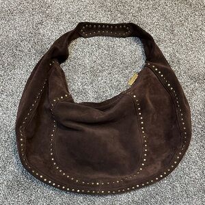 Kooba Chocolate Brown Suede Hobo Bag with brass rivet accents